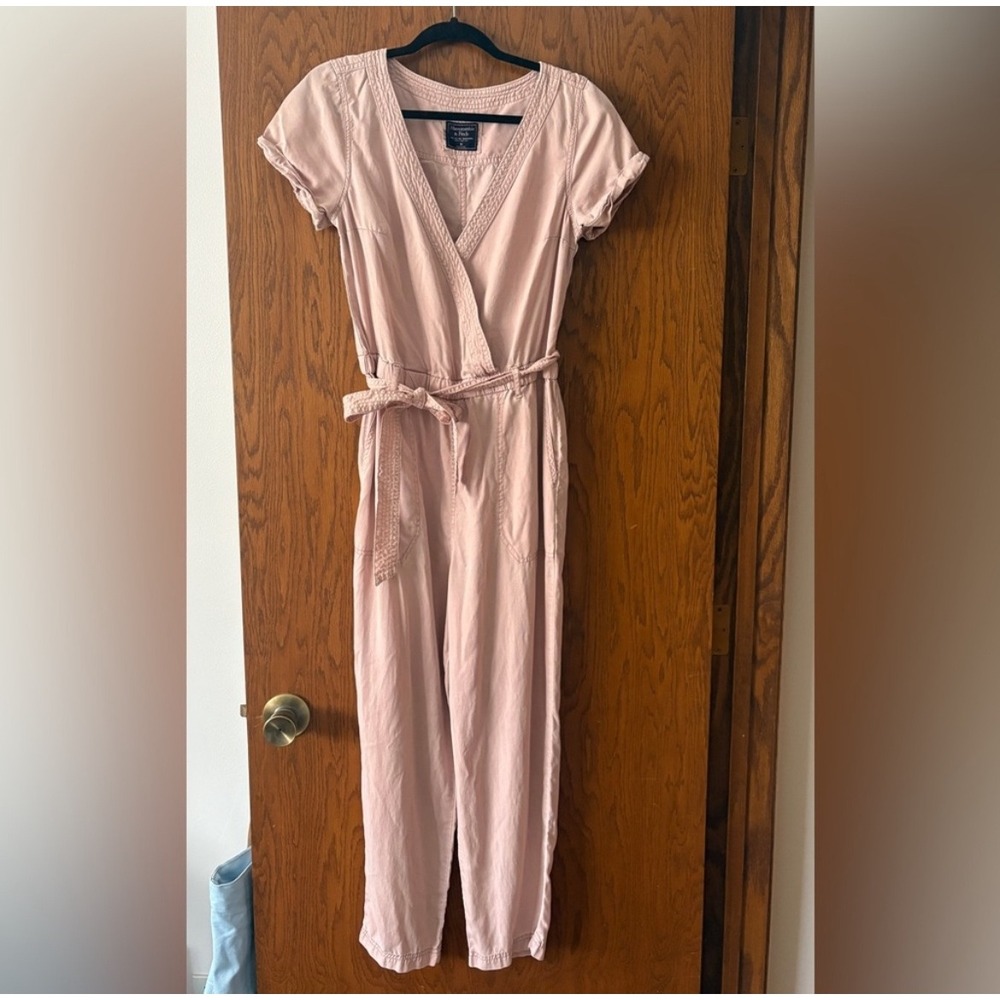 Abercrombie & Fitch Womens Jumpsuit Pink V-Neck Short Sleeve Belted Casual - Picture 10 of 10